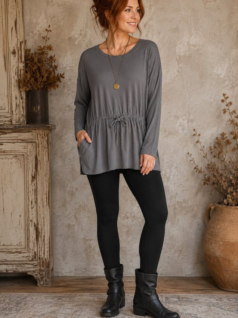 Mono B One Size Gray Soft Drawstring Tunic Top Lagenlook Boho Pockets
